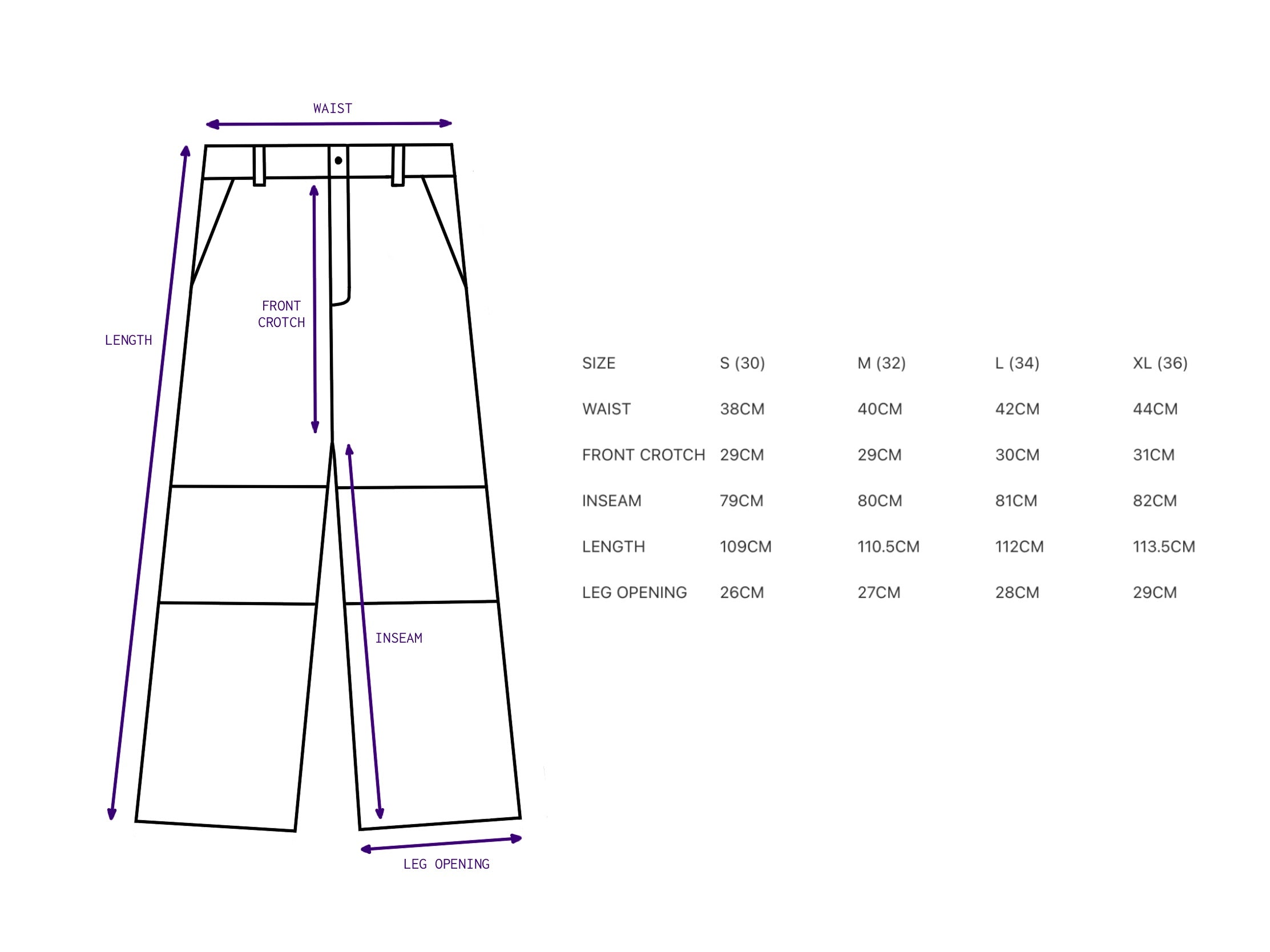 Size guide for UF COTTON DRILL PANTS [BLACK]